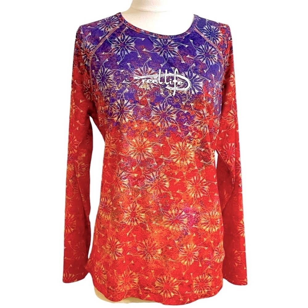 REEL LIFE Womens Purple Orange Graphic Long Sleeve Sun Protection Tee Size XL
